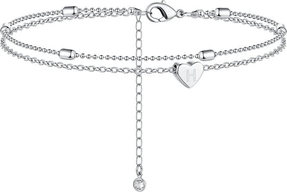 Moodear Silver Ankle Bracelets for Women, Sterling Silver Initial Anklet Layered Dainty Tiny Heart Charm Handmade Carved Alphabet A-Z Letter Ankle Bracelet Beaded Foot Chain Personalized Name Anklets Summer Cute Boho Beach Gift for Her Apparel & Accessories > Jewelry > Anklets Moodear Sterling Silver-H  