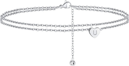Turandoss Silver Heart Initial Ankle Bracelets for Women, 14K White Gold Filled Handmade Dainty Layered Silver Anklet Letter Initial Heart Ankle Bracelets for Women Silver Summer Foot Beach Jewelry Apparel & Accessories > Jewelry > Anklets Turandoss U  