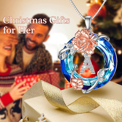 TOUPOP Christmas Gifts for Women 925 Sterling Silver Rose Necklaces A-Z Initial Letter Rose Flower Pendant Necklace with Circle Crystal Jewelry Birthday Valentine'S Day Gifts for Women Her Mom Wife Girlfriend Girls Apparel & Accessories > Jewelry > Necklaces TOUPOP   