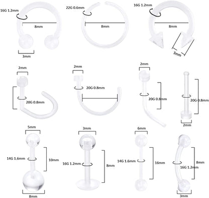 Oveta Clear Piercing Retainers Flexible Bioflex 14G 16G 20G Navel Belly Button Ring Lip Labret Piercings Retainer Eyebrow Tongue Barbells Cartilage Tragus Earrings Retainer 36-90PCS Apparel & Accessories > Jewelry > Body Jewelry Oveta   