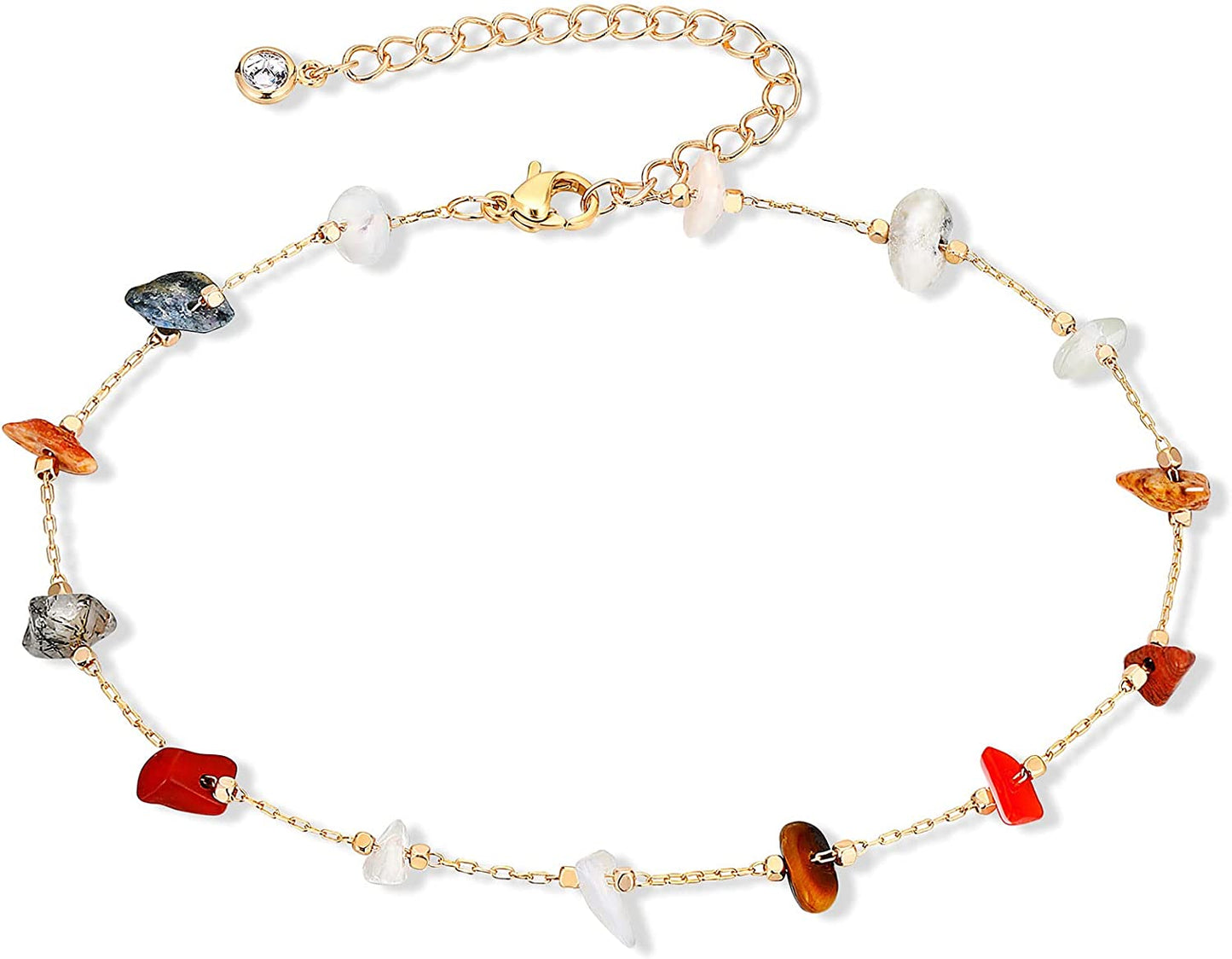 KAERUN Ankle Bracelets for Women Teen Girls Colorful Adjustable Natural Crystal 14K Gold Plated Cute Anklets Summer Beach Foot Chain Jewelry Apparel & Accessories > Jewelry > Anklets KAERUN Assorted Tumbled  