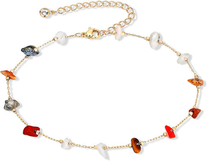 KAERUN Ankle Bracelets for Women Teen Girls Colorful Adjustable Natural Crystal 14K Gold Plated Cute Anklets Summer Beach Foot Chain Jewelry Apparel & Accessories > Jewelry > Anklets KAERUN Assorted Tumbled  