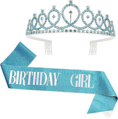 CAVETEE Birthday Crowns for Women Birthday Girl Sash & Rhinestone Tiara Set Birthday Tiaras and Sash for Women Birthday Glitter Birthday Decorations Rose Gold Birthday Girl Crowns Tiaras for Women Apparel & Accessories > Clothing Accessories > Sashes CAVETEE Blue  
