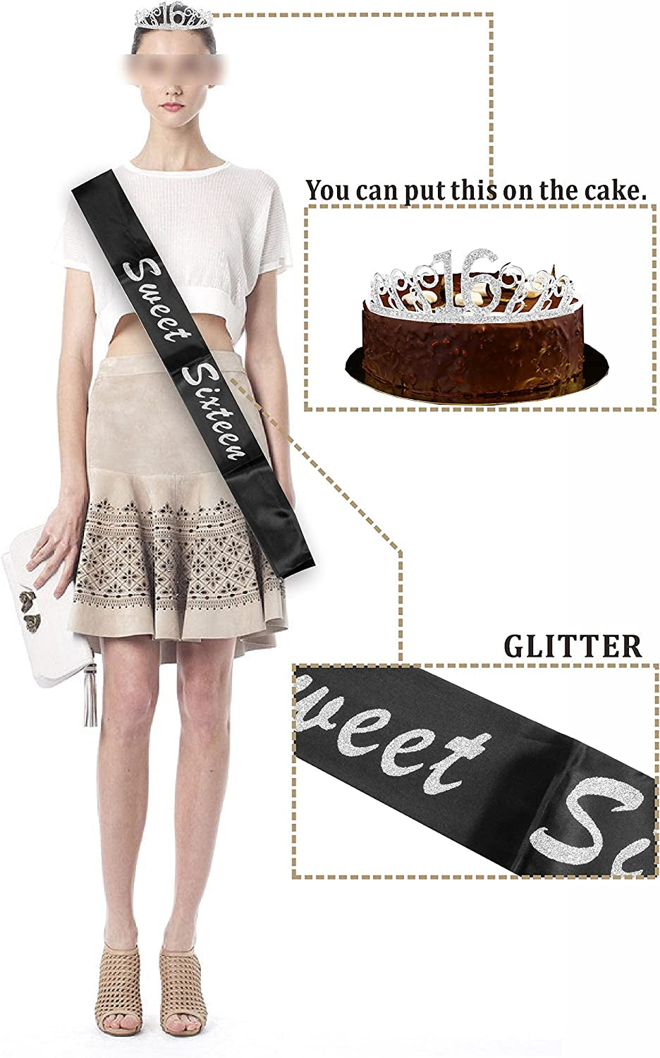 MEANT2TOBE 16Th Birthday Sash and Tiara for Girls - Fabulous Set: Glitter Sash + Floating Heart Rhinestone Silver Premium Metal Tiara, 16Th Birthday Gifts for Sweet 16 Birthday Party Apparel & Accessories > Clothing Accessories > Sashes MEANT2TOBE   