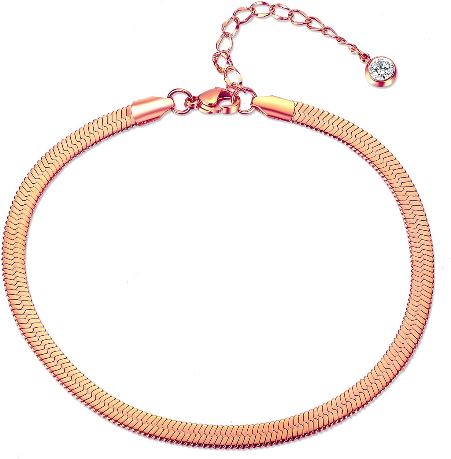 QJLE 18K Gold Plated Flat Snake Chain Link Dainty Ankle Bracelets for Women, Boho Cute Summer Beach Anklet Adjustable Foot Jewelry Apparel & Accessories > Jewelry > Anklets QJLE 4mm Rose Gold / Crystal  