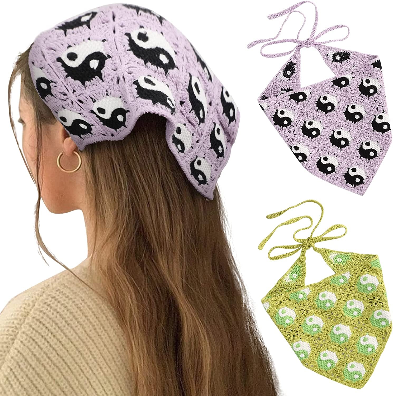 Floral Crochet Hair Bandanas Headscarf- HAIMEIKANG 2 PCS Women Hair Scarf Daisy Headband Vintage Head Kerchief for Girls Apparel & Accessories > Clothing Accessories > Bandanas & Headties HAIMEIKANG Dark Purple+green  