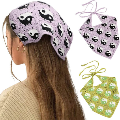 Floral Crochet Hair Bandanas Headscarf- HAIMEIKANG 2 PCS Women Hair Scarf Daisy Headband Vintage Head Kerchief for Girls Apparel & Accessories > Clothing Accessories > Bandanas & Headties HAIMEIKANG Dark Purple+green  