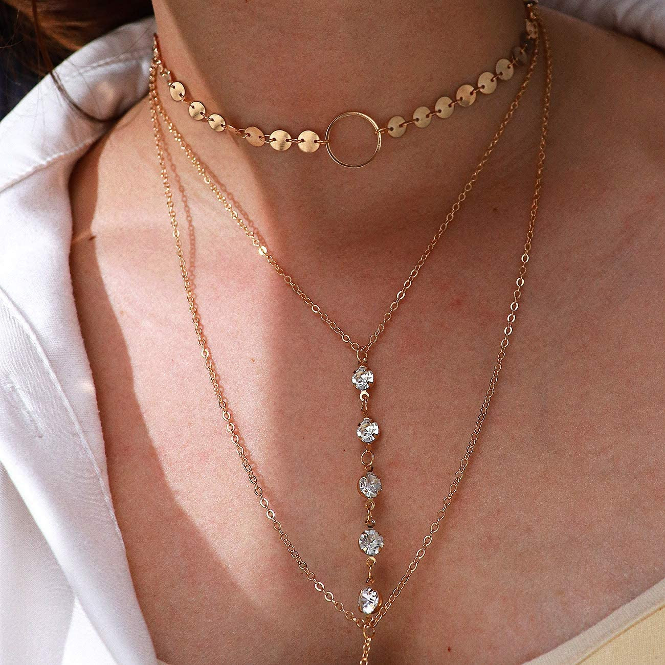 Suyi Stylish Layered Sequins Choker Necklace with Thin Long Chain Pendant for Women Lady Girl Apparel & Accessories > Jewelry > Necklaces Suyi   