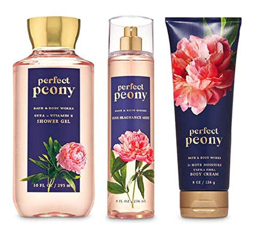 Bath and Body Works Perfect Peony Body Care Set. Shower Gel 10 Fl Oz, Fine Fragrance Mist 8 Fl Oz and Body Cream 8 Fl Oz. Health & Beauty > Personal Care > Cosmetics > Bath & Body Bath & Body Works   