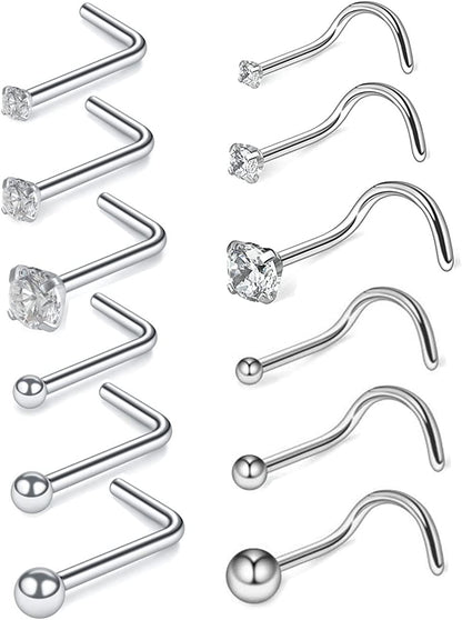 Nose Rings and Studs Set 20G Men Women,L Shape Nose Ring Studs and Screw Nostril Body Piercing Jewelry Set Hypoallergenic Surgical Steel(12Pcs,Size 1.5,2,3Mm) Apparel & Accessories > Jewelry > Body Jewelry Renkovte Silver_12PCS 20G-7mm L shape&Screw Shape 1.5mm 2.0mm 3.0mm Ball&CZ Top 