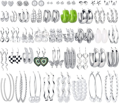 44 Pairs Gold Hoop Earrings Set for Women Multipack, Fashion Dangle Heart Statement Pearl Earrings Pack, Hypoallergenic Chunky Hoops Jewelry for Birthday Party Gift B-44 pairs silver