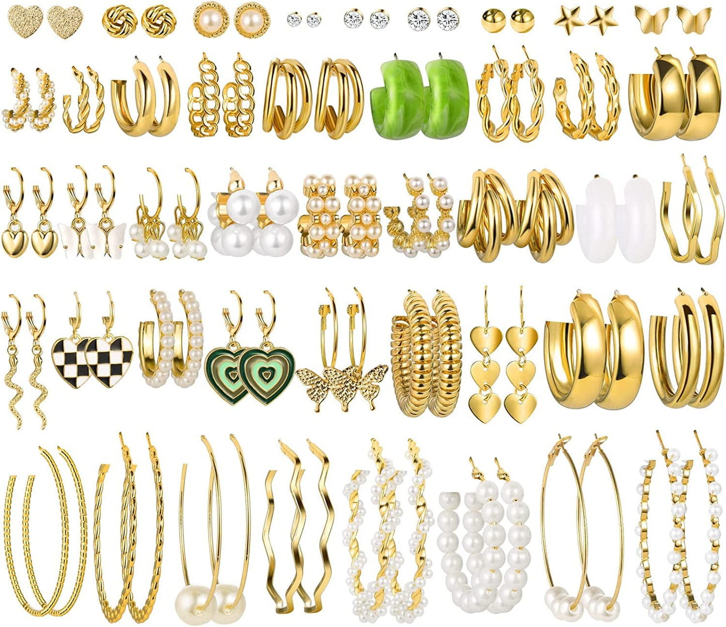 44 Pairs Gold Hoop Earrings Set for Women Multipack, Fashion Dangle Heart Statement Pearl Earrings Pack, Hypoallergenic Chunky Hoops Jewelry for Birthday Party Gift A-44 pairs gold