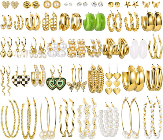 44 Pairs Gold Hoop Earrings Set for Women Multipack, Fashion Dangle Heart Statement Pearl Earrings Pack, Hypoallergenic Chunky Hoops Jewelry for Birthday Party Gift A-44 pairs gold