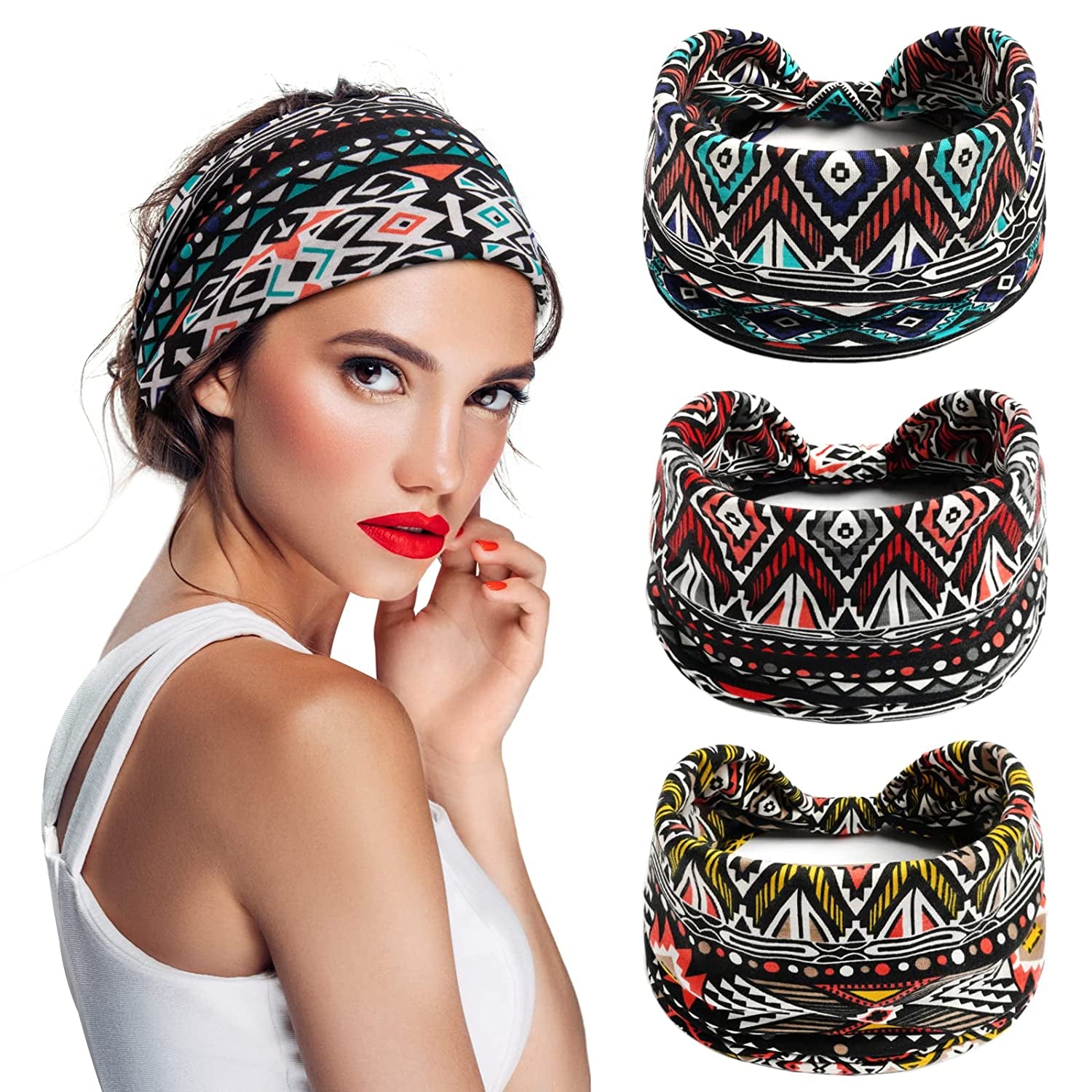 S&N Remille 3 Pack Wide Boho Headbands for Women and Girls, Elastic Turban Head Wrap Non-Slip Hair Bands for Sport Yoga and Running Headband Apparel & Accessories > Clothing Accessories > Bandanas & Headties S&N Remille Set-14  