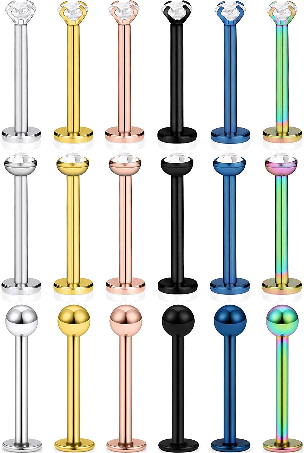 SCERRING 18PCS 16G Stainless Steel Clear Cubic Zirconia Labret Monroe Lip Tragus Cartilage Helix Earring Ring Body Piercing Jewelry 6Mm 8Mm 10Mm Apparel & Accessories > Jewelry > Body Jewelry SCERRING 10mm Mix Color  