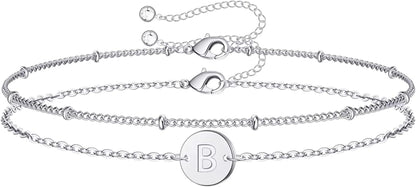 Silver Initial Bracelets for Women Teen Girls, 14K White Gold Filled Layered Letter Initial Bracelet Dainty Disc Initial Charm Bracelets Silver Bracelets for Women Girls Jewelry Gifts for Girls Apparel & Accessories > Jewelry > Bracelets MONOZO B  