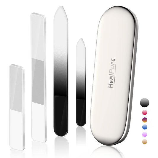 Glass Nail File and Nail Shiner, 4PC Crystal Nail File and Nano Glass Nail Buffer, Premium Set with Case, Professional Manicure Tool Fingernail Czech File for Natural Nail, Gift for Women and Girls Health & Beauty > Personal Care > Cosmetics > Cosmetic Tools > Nail Tools HealPure Black  