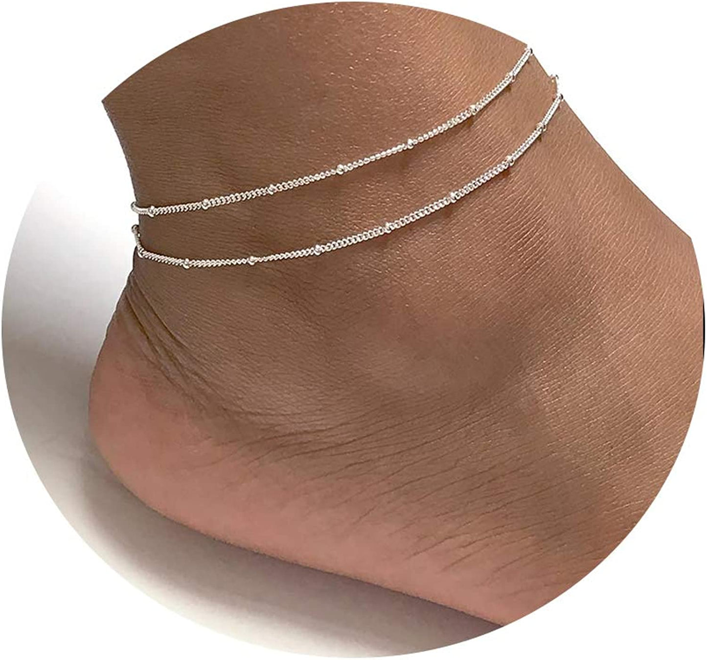 Tasiso 14K Gold Plated Layered Satellite Beads Heart Anklets Layering Rhinestone Cubic Zirconia Ankle Bracelets for Women Minimalist Summer Beach Foot Chain Ankle Jewelry Gifts Apparel & Accessories > Jewelry > Anklets Tasiso Layered Satellite beaded anklet Silver  