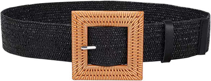 Women Skinny Dress Belt, Fashion Straw Woven Elastic Stretch Waist Band Wood Buckle Belt Apparel & Accessories > Clothing Accessories > Belts YUCFOREN Black Waist below 39" 
