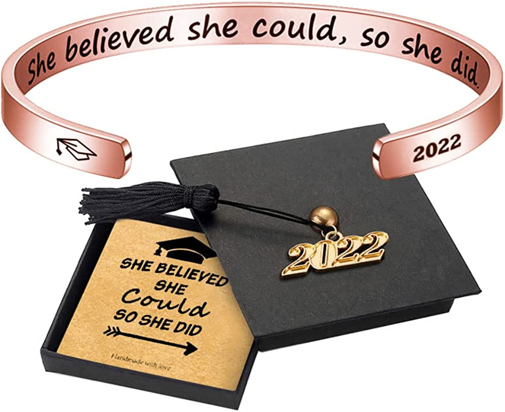 Inspirational Graduation Gifts Cuff Bracelet - Engraved Inspirational Bracelet Cuff with 2022 Graduation Grad Cap She Believed She Could so She Did Bracelet Graduation Friendship Gifts for Her 2022 Apparel & Accessories > Jewelry > Bracelets Turandoss A-She believed she could , so she did-Rose Gold  