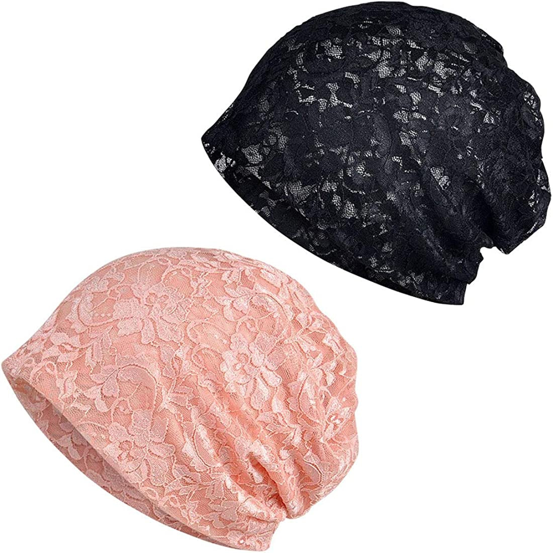 Ebossy Women'S Elegant Floral Lace Slouchy Beanie Summer Hat Headwear Circle Loop Scarf Apparel & Accessories > Clothing Accessories > Headwear ebossy 2 Pack Black/Pink  