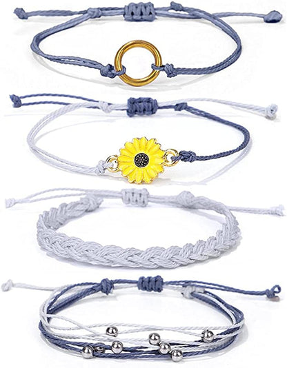 Caiyao 4 Pcs Summer Surfer Wave Anklet Bracelets Adjustable Strand Braided String Rope Bracelets Waterproof Handmade Sunflower Bracelets Anklets Jewelry for Women Teen Girls Apparel & Accessories > Jewelry > Anklets InShine Grey  