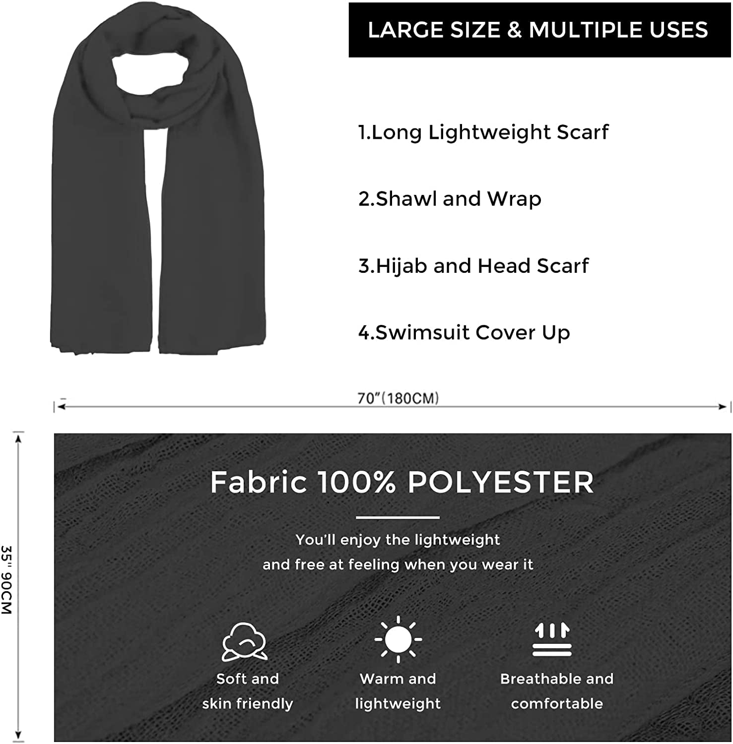 Missshorthair Womens Solid Color Scarfs Long Lightweight Scarf for Women Large Sheer Wrap Shawl Apparel & Accessories > Clothing Accessories > Scarves & Shawls MissShorthair   