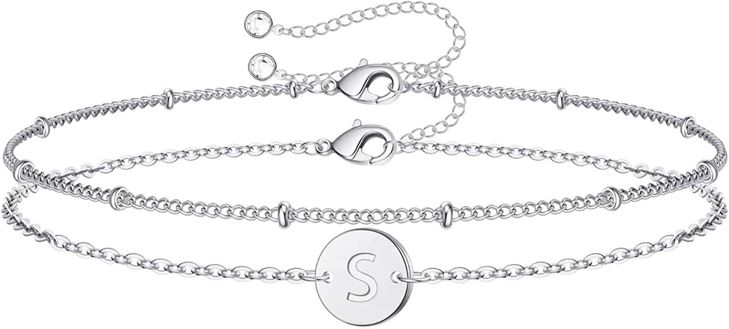 Silver Initial Bracelets for Women Teen Girls, 14K White Gold Filled Layered Letter Initial Bracelet Dainty Disc Initial Charm Bracelets Silver Bracelets for Women Girls Jewelry Gifts for Girls Apparel & Accessories > Jewelry > Bracelets MONOZO S  