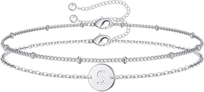 Silver Initial Bracelets for Women Teen Girls, 14K White Gold Filled Layered Letter Initial Bracelet Dainty Disc Initial Charm Bracelets Silver Bracelets for Women Girls Jewelry Gifts for Girls Apparel & Accessories > Jewelry > Bracelets MONOZO S  