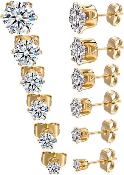 GEMSME 18K Yellow / White Gold Plated round Cubic Zirconia Stud Earrings Pack of 6 Apparel & Accessories > Jewelry > Earrings Gemsme Yellow Gold  