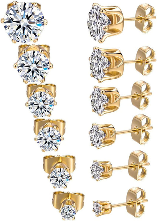 GEMSME 18K Yellow / White Gold Plated round Cubic Zirconia Stud Earrings Pack of 6 Apparel & Accessories > Jewelry > Earrings Gemsme Yellow Gold  