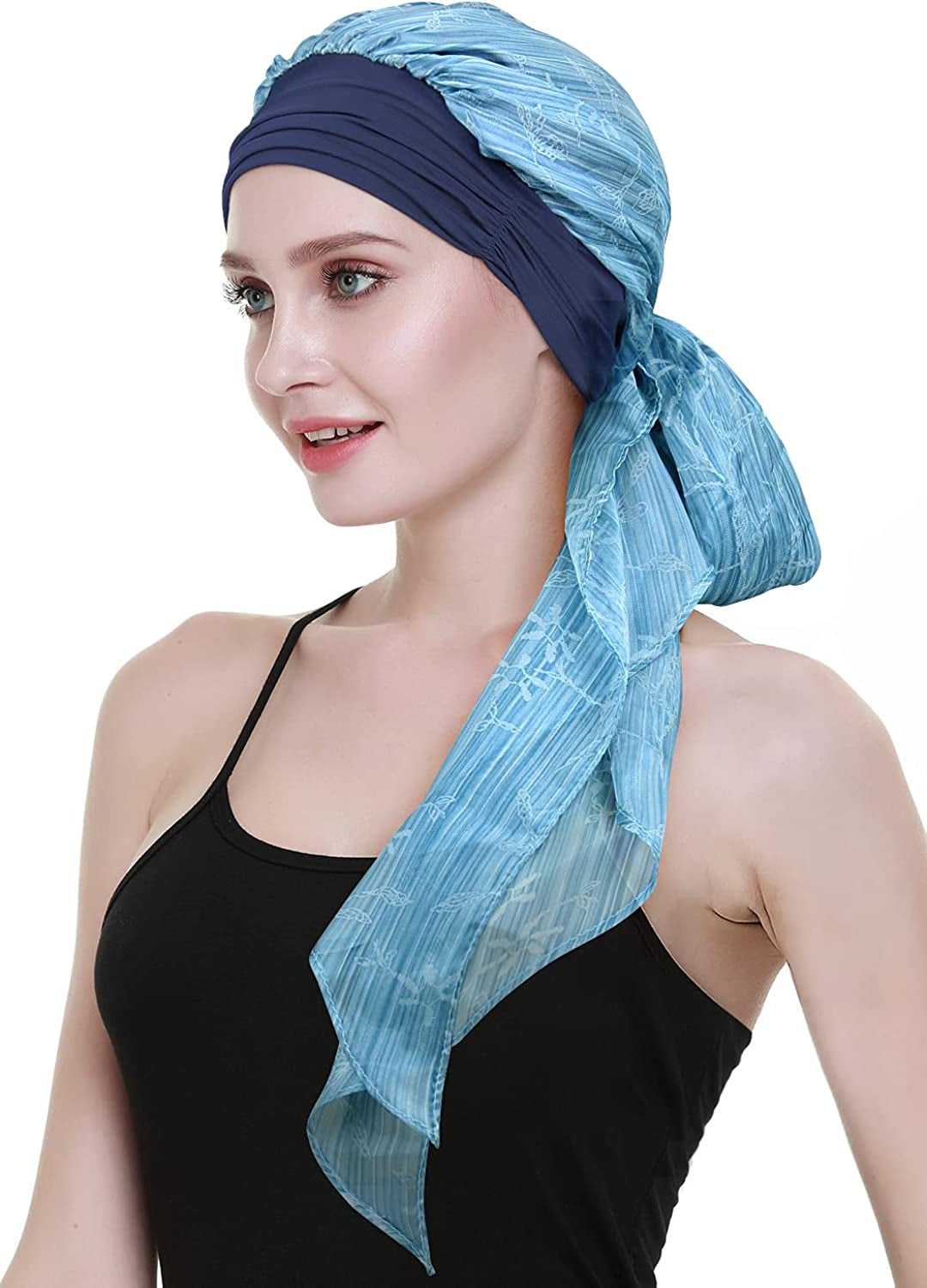 Chemo Headwear Headwrap Scarf Cancer Caps Gifts for Hair Loss Women Apparel & Accessories > Clothing Accessories > Bandanas & Headties FocusCare Navy Grass  