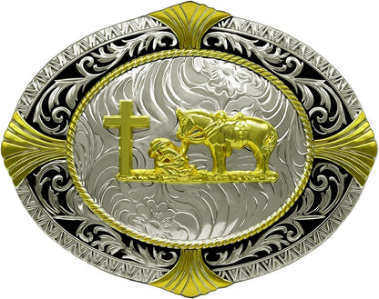 Moranse Religion Cross Cowboy Kneeling Prayer and Horse Design Belt Buckles Apparel & Accessories > Clothing Accessories > Belt Buckles Moranse Pattern Goldren 3  