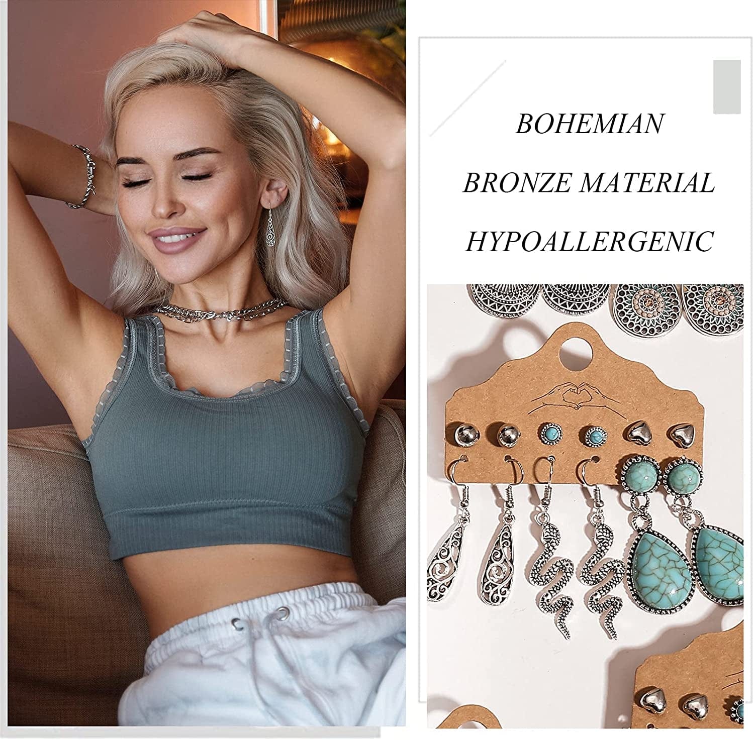 45 Pairs Bohemian Silver Drop Dangle Earrings Set for Women/Girl, Hypoallergenic Fashion Vintage Bronze Waterdrop Dangling Earrings Jewelry for Birthday/Christmas Gift Apparel & Accessories > Jewelry > Earrings 17 MILE   