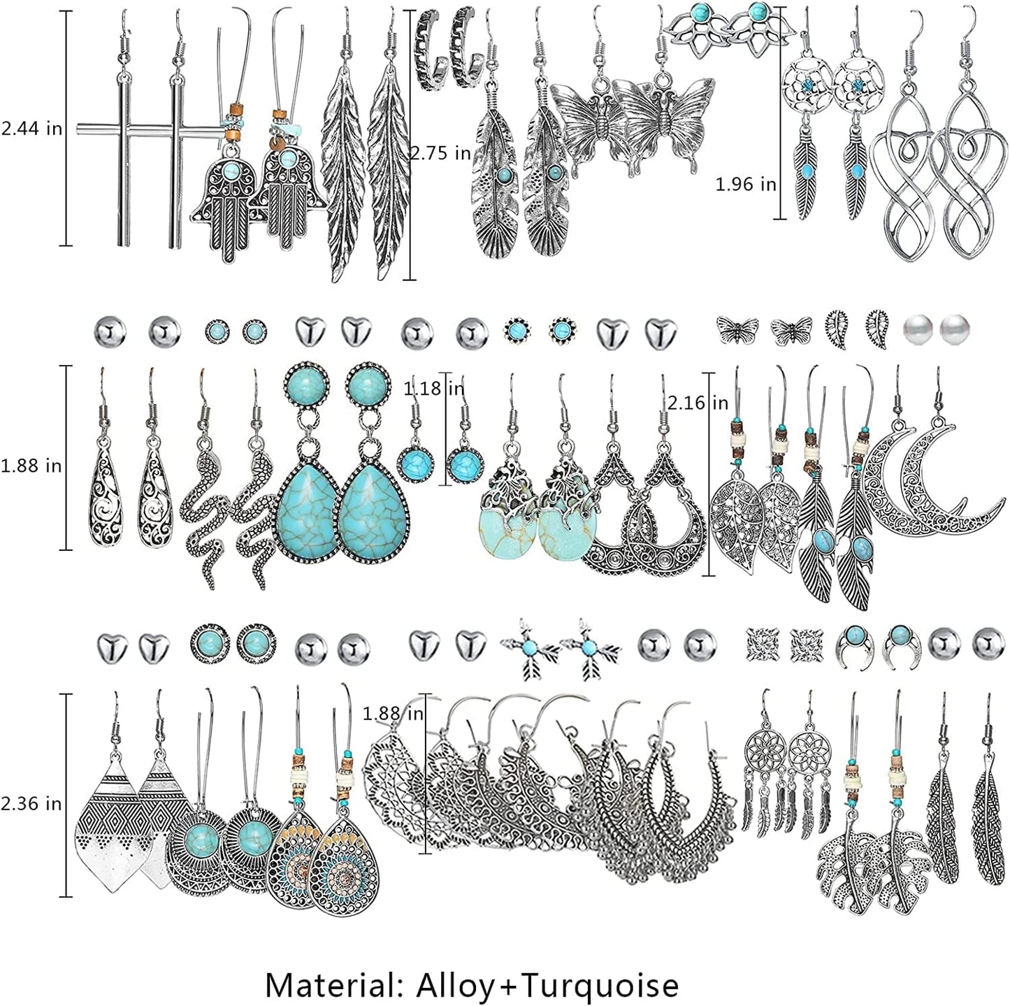 45 Pairs Bohemian Silver Drop Dangle Earrings Set for Women/Girl, Hypoallergenic Fashion Vintage Bronze Waterdrop Dangling Earrings Jewelry for Birthday/Christmas Gift Apparel & Accessories > Jewelry > Earrings 17 MILE   