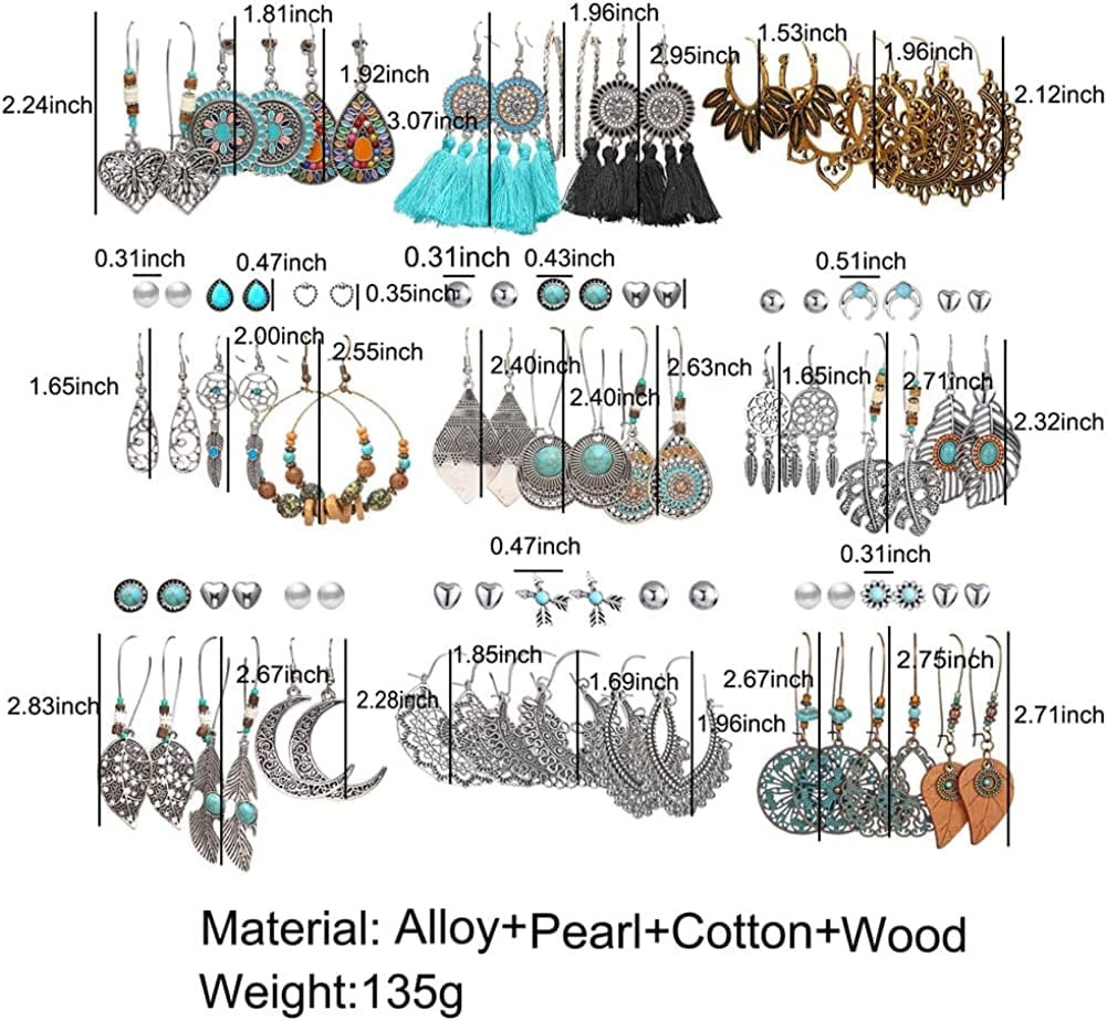 45 Pairs Fashion Hollow Drop Dangle Earrings Set for Women Girls Bohemian National Style Eardrop with Bronze Waterdrop Leaf Feather Shaped Vintage Jewelry for Gifts Apparel & Accessories > Jewelry > Earrings 17 MILE   