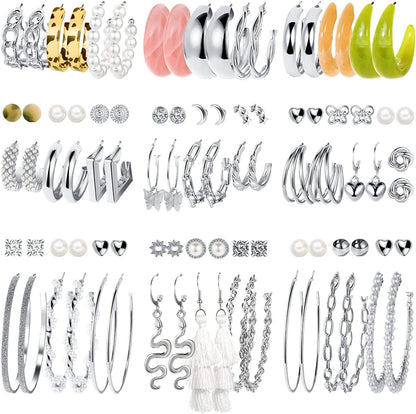 45 Pairs Gold Hoop Earrings for Girls Women, Chunky Twisted Small Big Hoops Earring Packs Set, Earrings for Women Multipack, Fashion Trendy Earrings Jewelry for Birthday Party Christmas Gift 0-Silver Color
