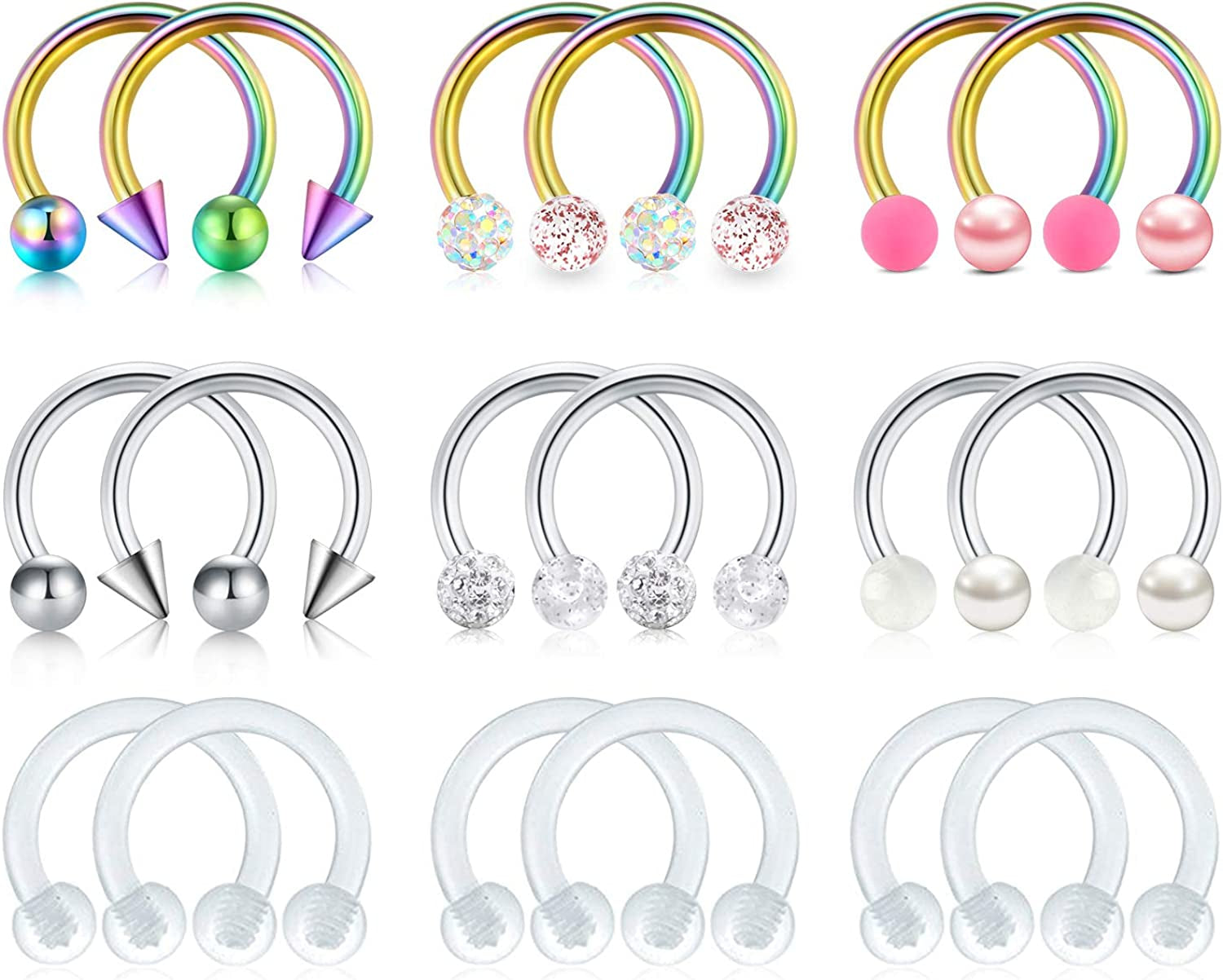 Mayhoop 16G Surgical Steel Horseshoe Nose Septum Rings Piercing Jewelry Cartilage Helix Tragus Earring Hoop Lip Horseshoe Piercing Retainer for Women Men 6Mm 8Mm 10Mm Apparel & Accessories > Jewelry > Rings Mayhoop 4#18Pcs-Colorful&Silver&Clear-8mm(5/16")  