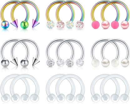 Mayhoop 16G Surgical Steel Horseshoe Nose Septum Rings Piercing Jewelry Cartilage Helix Tragus Earring Hoop Lip Horseshoe Piercing Retainer for Women Men 6Mm 8Mm 10Mm Apparel & Accessories > Jewelry > Rings Mayhoop 4#18Pcs-Colorful&Silver&Clear-8mm(5/16")  