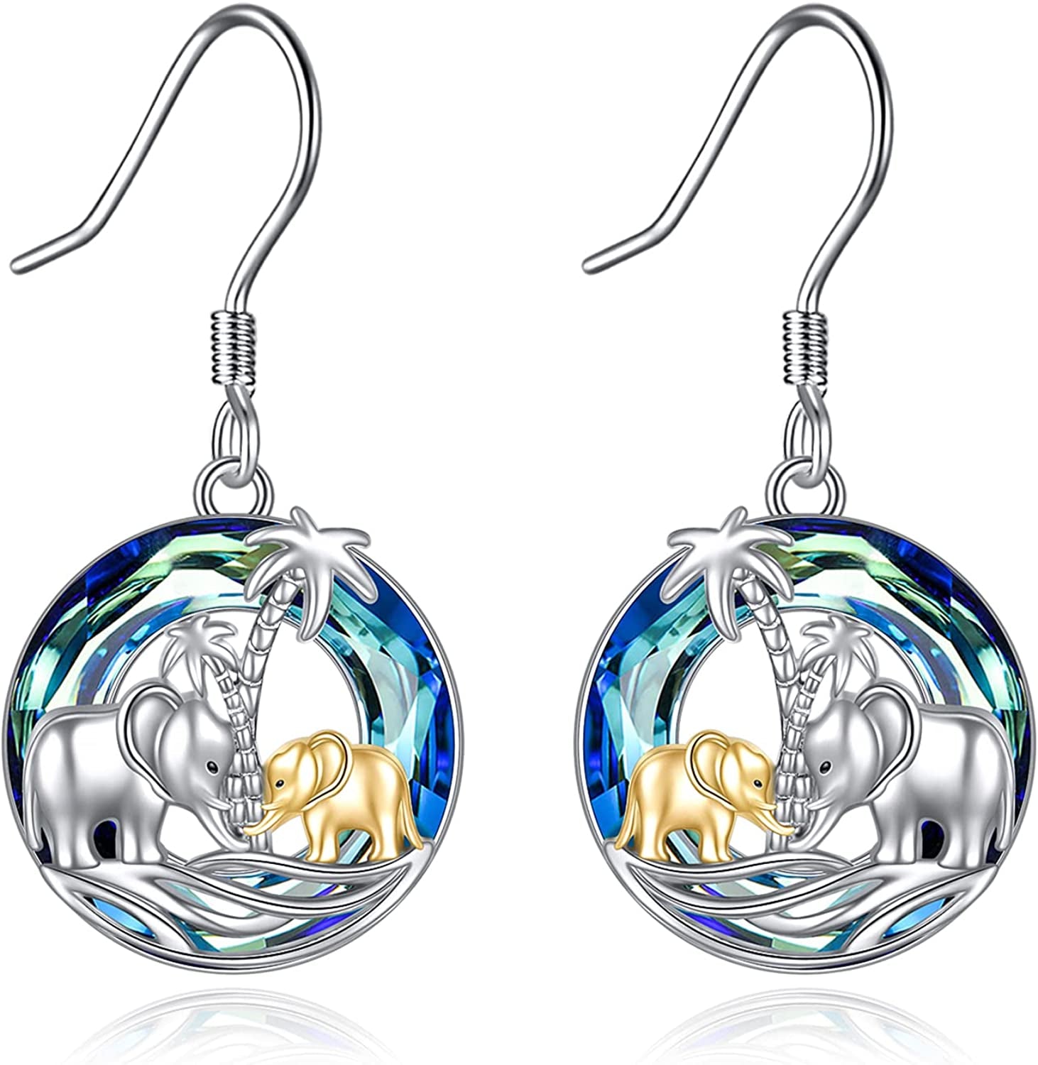 POPKIMI Christmas Gifts Dangle Earrings Frog/Wolf/Dragonfly/Dog Cat Pet Paw Print/Hummingbird /Sea Turtle/Sloth Dangle Drop Hook Earrings Opal Crystal Sterling Silver Cute Animal Dangle Earrings Animal Jewelry Birthday Christmas Gift Apparel & Accessories > Jewelry > Earrings POPKIMI Elephant Mother and Child with Blue Circle Crystal  