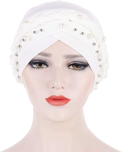 Fxhixiy Women Hijab Beading Pearl Braid Turban Hat Head Scarf Cancer Chemo Beanies Bandana Headwrap Cap Apparel & Accessories > Clothing Accessories > Headwear Fxhixiy   