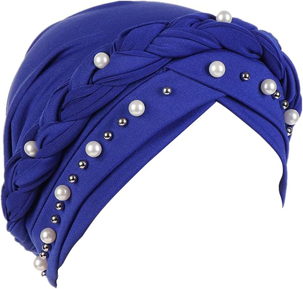 Fxhixiy Women Hijab Beading Pearl Braid Turban Hat Head Scarf Cancer Chemo Beanies Bandana Headwrap Cap Apparel & Accessories > Clothing Accessories > Headwear Fxhixiy Blue  