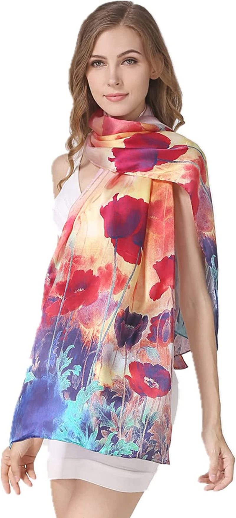 Women'S 100% Charmeuse Mulberry Silk Long Scarf for Gift Hair Ladies Shawls Floral and Butterfly Scarves Apparel & Accessories > Clothing Accessories > Scarves & Shawls WindamazingStory Beige  