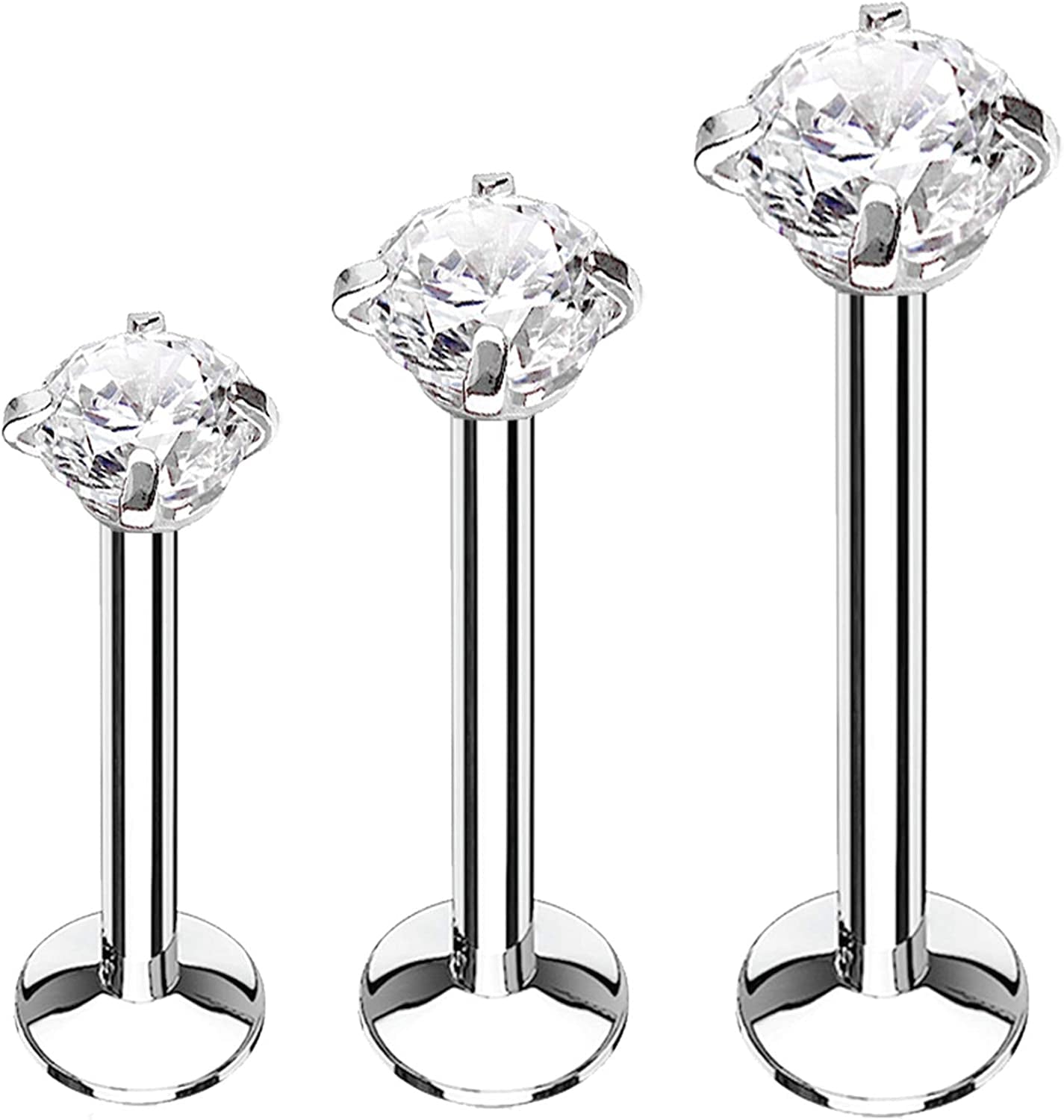 Bodyj4You 3PC Labret Tragus Stud Earrings | 16G Surgical Stainless Steel CZ Crystal | Monroe Helix Cartialge Conch Medusa Lip | Body Piercing Jewelry Set Apparel & Accessories > Jewelry > Body Jewelry BodyJ4You Silvertone, Clear CZ  