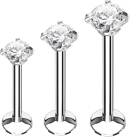 Bodyj4You 3PC Labret Tragus Stud Earrings | 16G Surgical Stainless Steel CZ Crystal | Monroe Helix Cartialge Conch Medusa Lip | Body Piercing Jewelry Set Apparel & Accessories > Jewelry > Body Jewelry BodyJ4You Silvertone, Clear CZ  