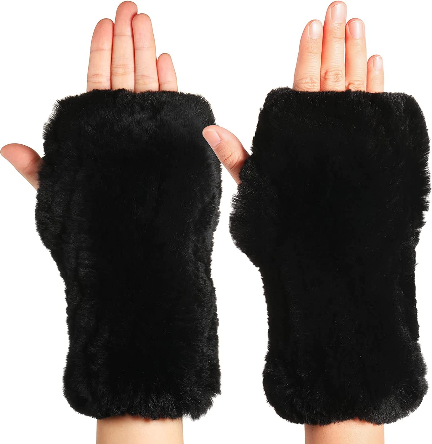 Fingerless Fur Gloves Smooth Faux Rabbit Furry Gloves Winter Warm Knitted Gloves for Women Girls Apparel & Accessories > Clothing Accessories > Gloves & Mittens Geyoga Black  