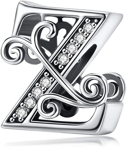 Solid 925 Sterling Silver with Cubic Stones, Complete A~Z Gift Options Alphabet Charm Letter Beads Fit Pandora European Bracelets Apparel & Accessories > Jewelry > Bracelets ABAOLALA ALPHABET Z  