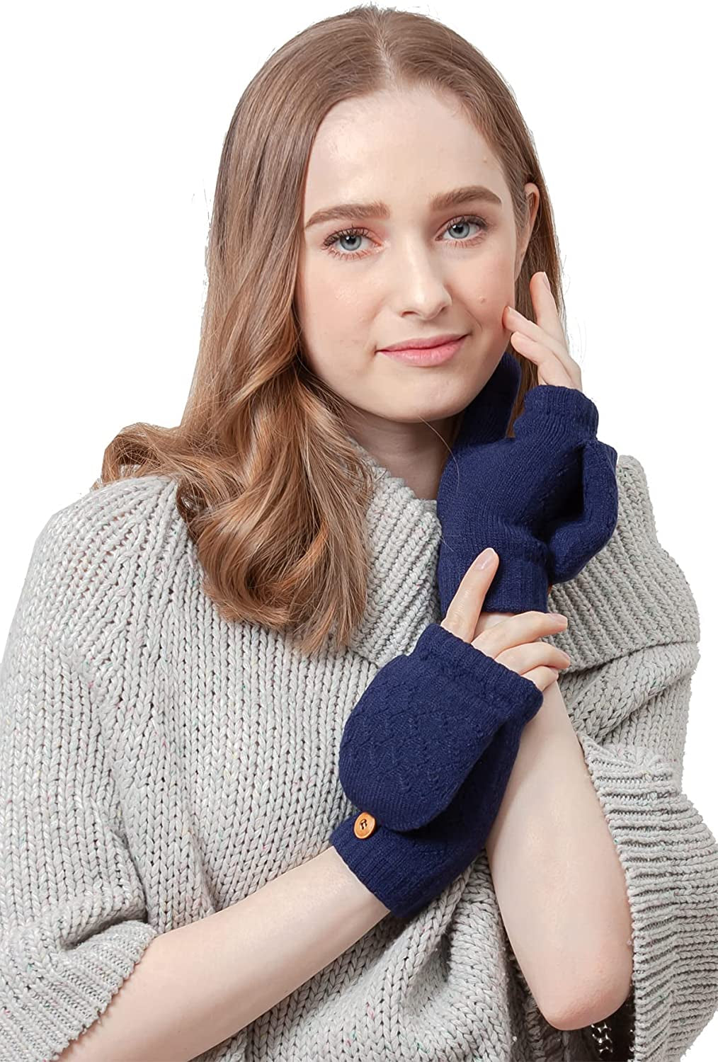 BYOS Women'S Winter Cozy Diamond Pattern Fleece Lined Flip Top Convertible Knit Gloves Mittens Apparel & Accessories > Clothing Accessories > Gloves & Mittens Be Your Own Style Navy Blue  