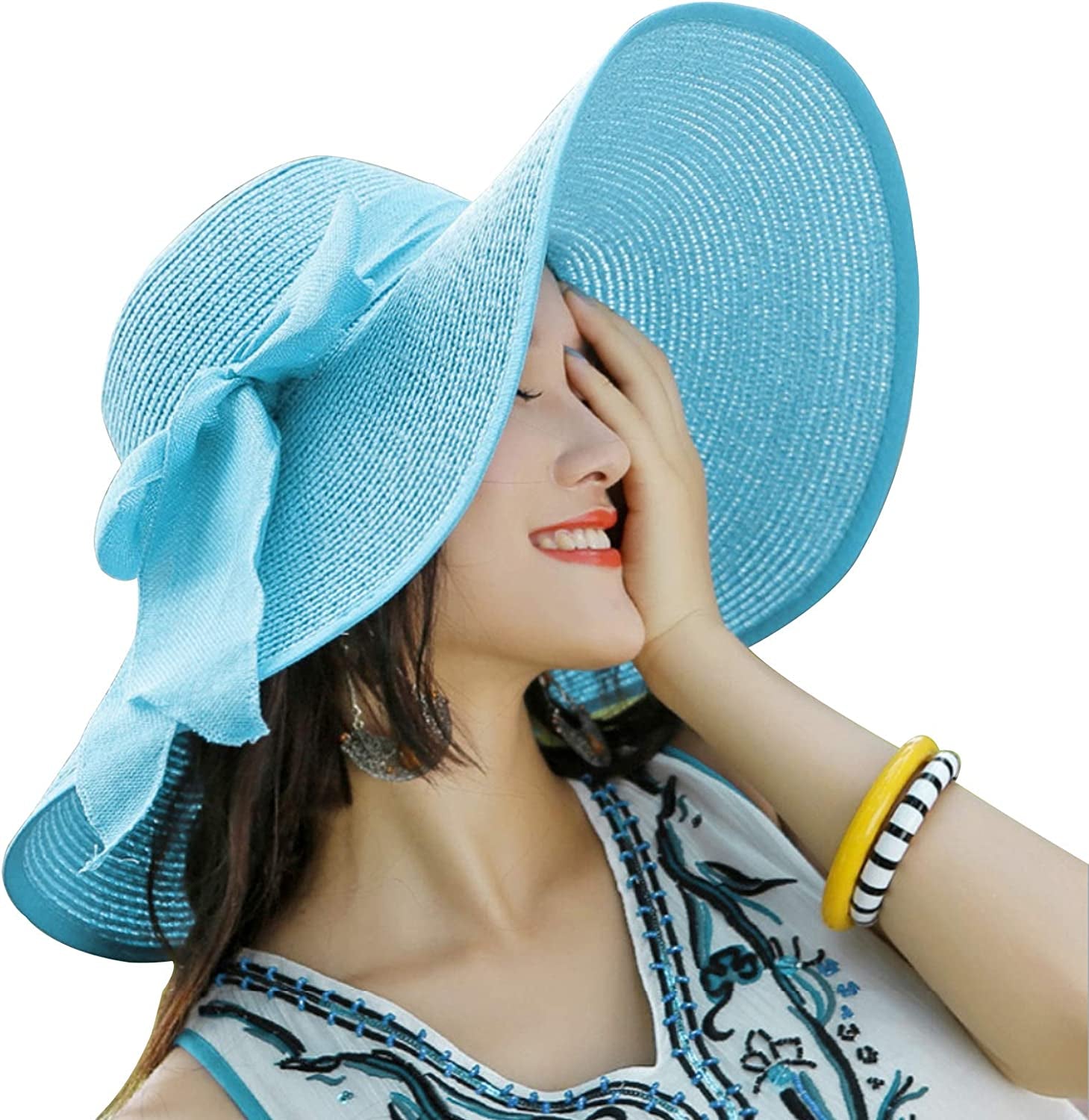 Women'S Folable Floppy Hat,Wide Brim Sun Protection Straw Hat, Summer UV Protection Beach Cap Apparel & Accessories > Clothing Accessories > Hats FSIGOM C1-f-blue  