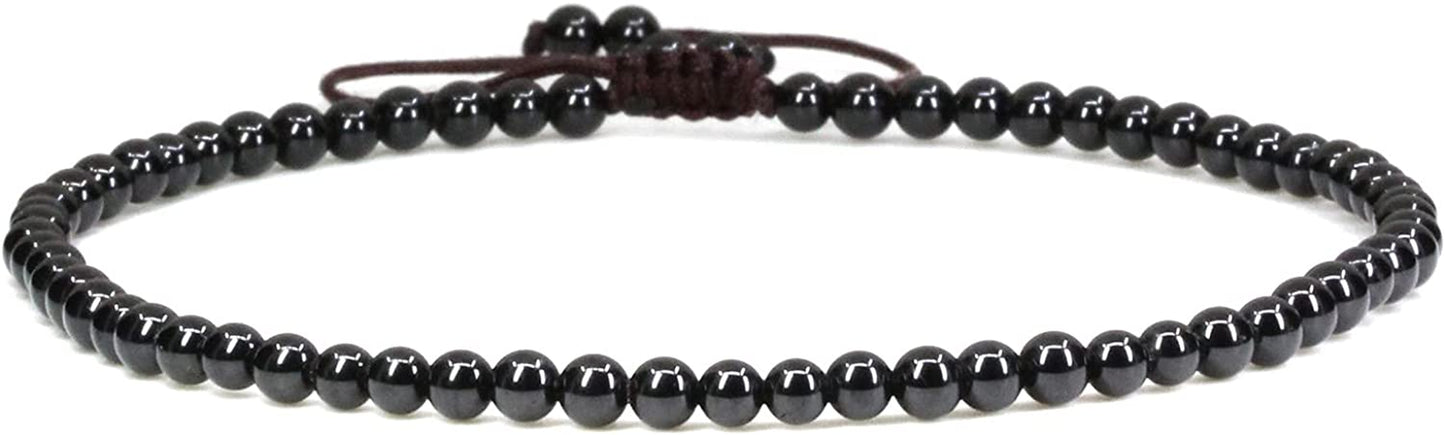 Keleny Natural Gemstone 4Mm round Bead Charm Stretch Anklet for Women Brown Rope Adjustable 8.6-11 Inch Apparel & Accessories > Jewelry > Anklets Kelenystones Black Tourmaline  